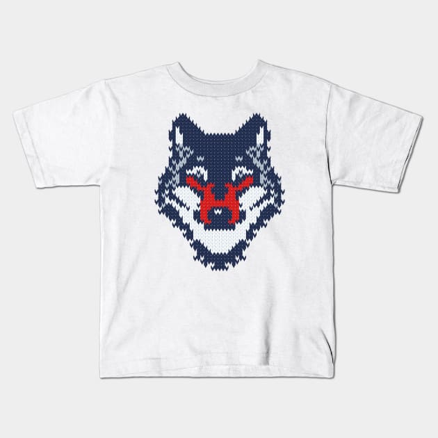 Fair isle knitting grey wolf // spot illustration // navy blue grey and red wolf Kids T-Shirt by SelmaCardoso